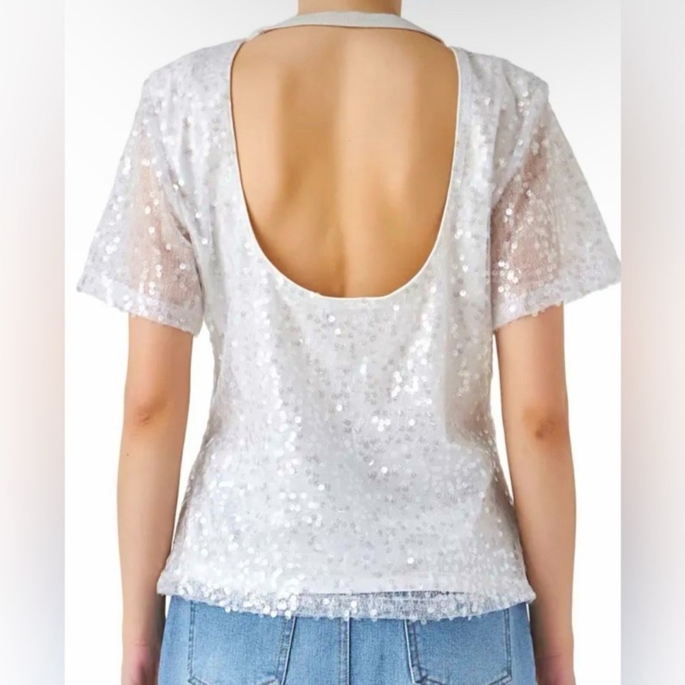 GREY LAB Sequin Short Sleeve Top Nude Pink White Sparkle Blouse NWT M - Picture 2 of 3